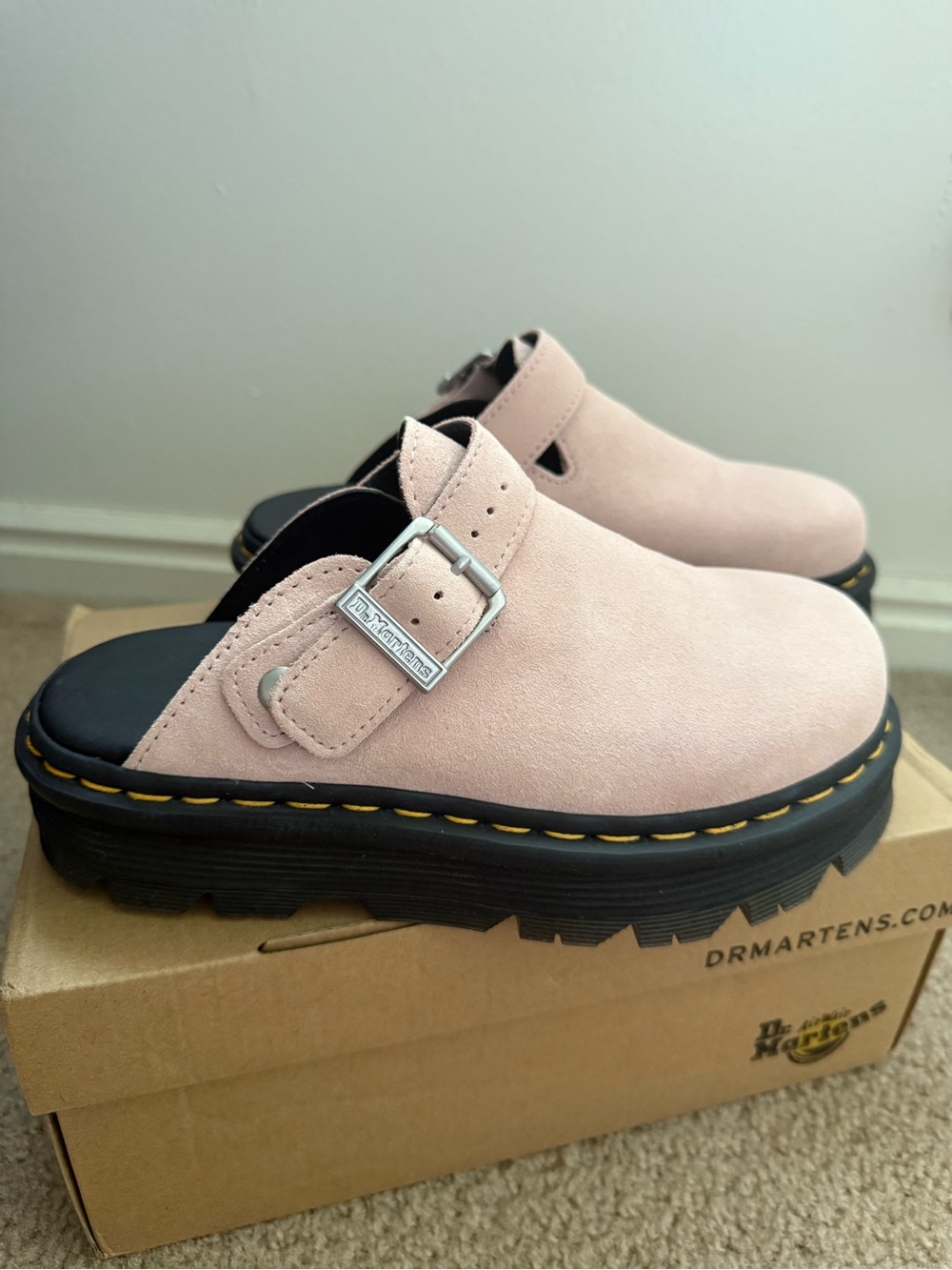 Dr. Martens Pink Suede Buckle Clog Mule